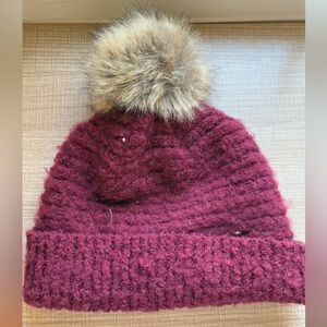 NWOT C.C. Burgundy Knit Beanie with Faux Fur Pom